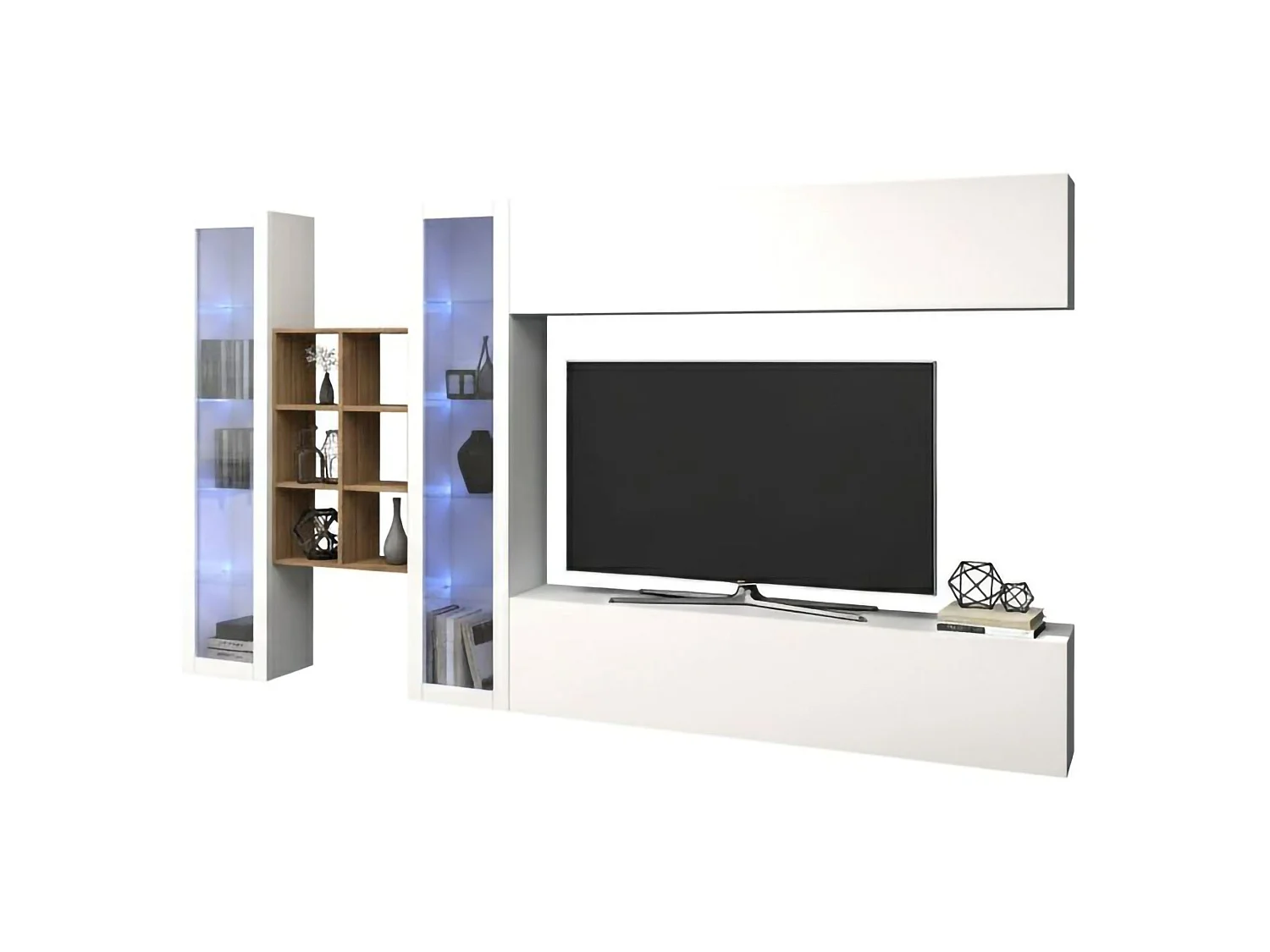 Parete attrezzata Demetrio, Set salotto porta TV a 4 ante, Mobile soggiorno multiuso, 100% Made in Italy, cm 280x30h180, Bianco lucido e Acero