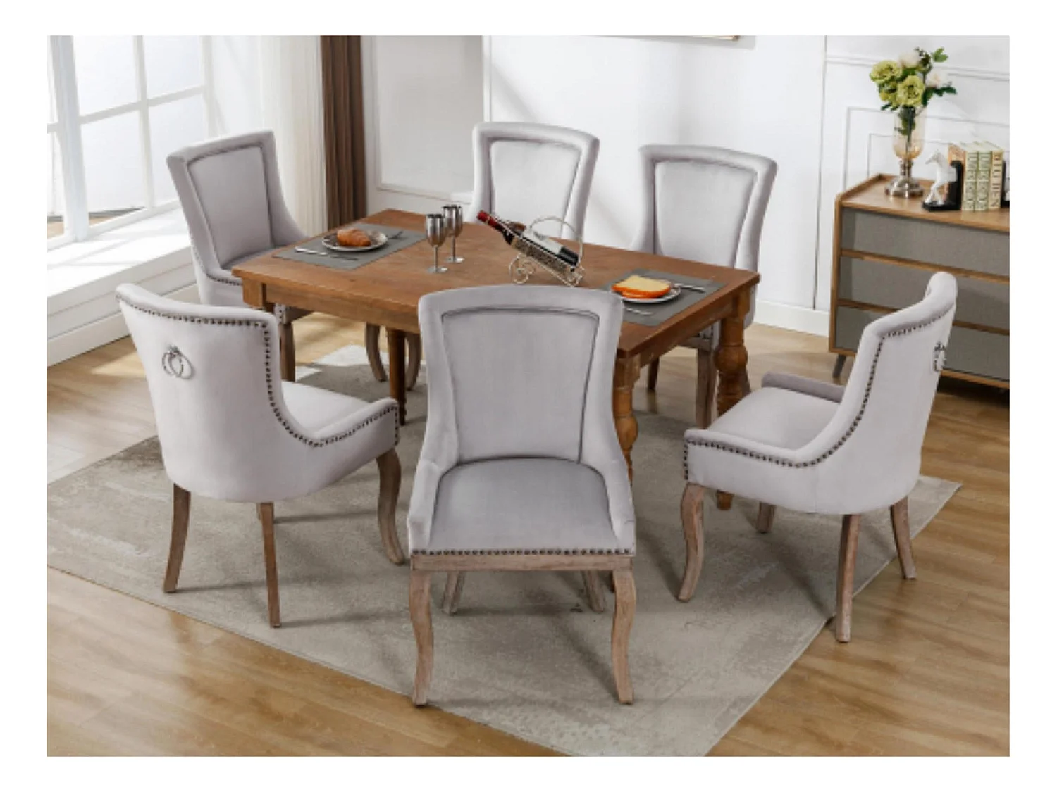Lot de 6 chaises en velours - avec pieds en bois massif - gris