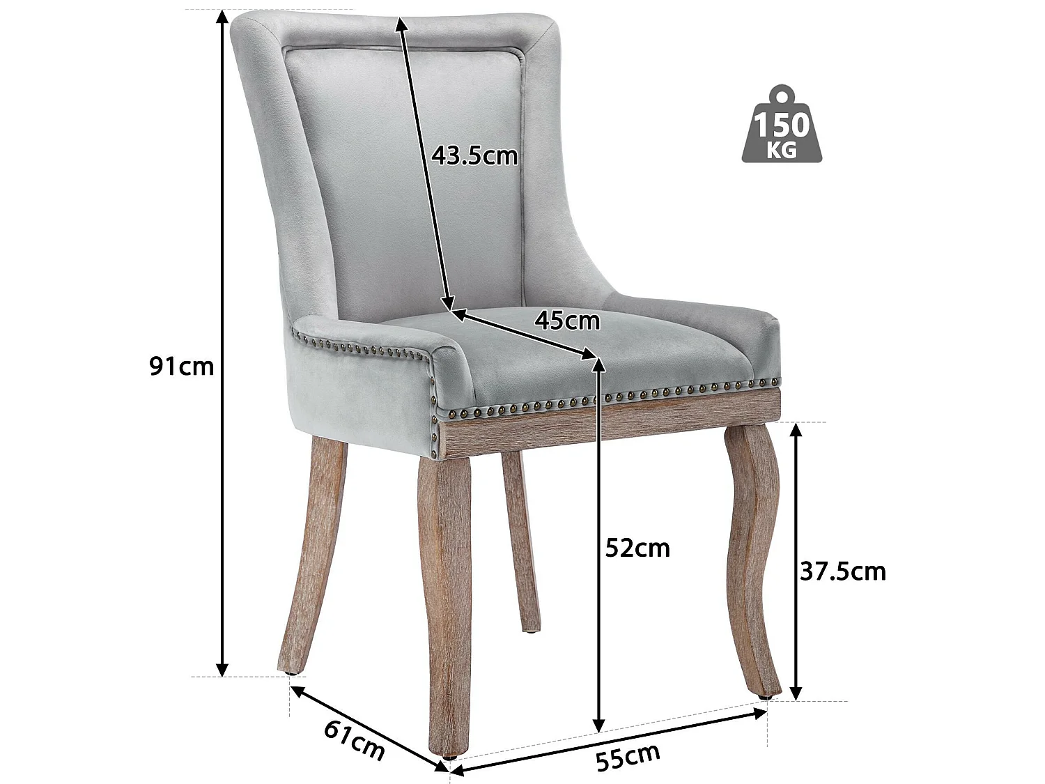 Lot de 6 chaises en velours - avec pieds en bois massif - gris