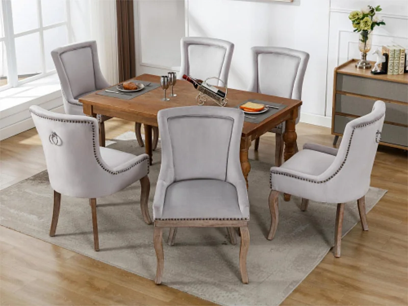 Lot de 6 chaises en velours - avec pieds en bois massif - gris