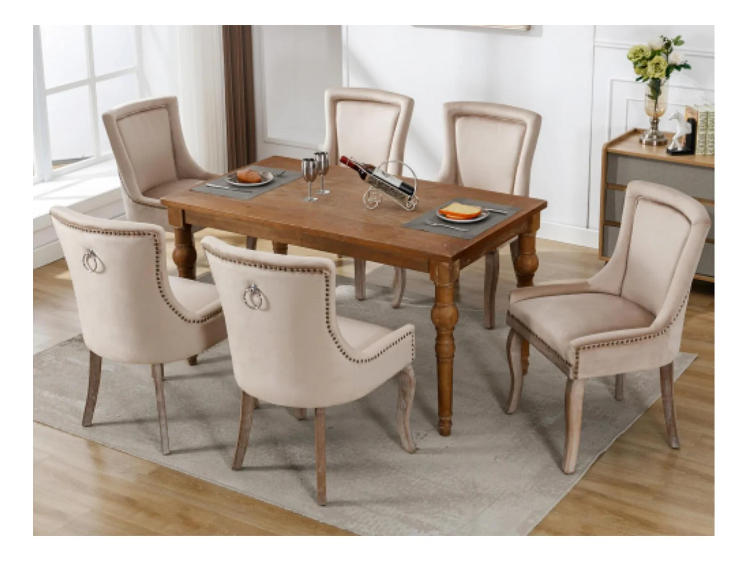 Lot de 6 chaises en velours - avec pieds en bois massif - beige