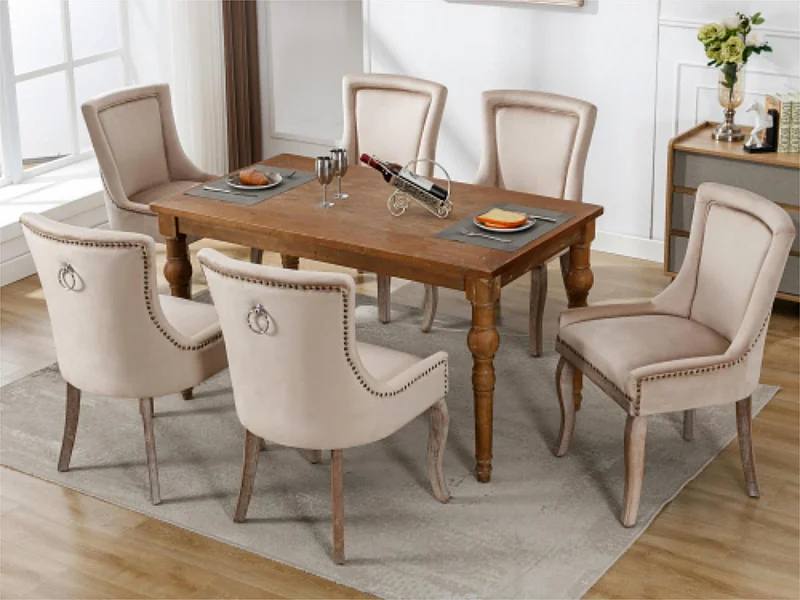 Lot de 6 chaises en velours - avec pieds en bois massif - beige