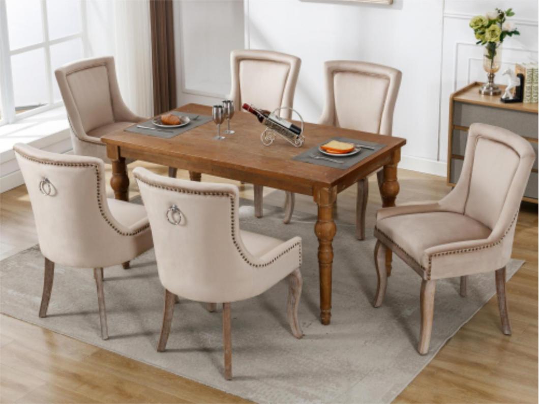 Set van 6 fluwelen stoelen - met massief houten poten - beige