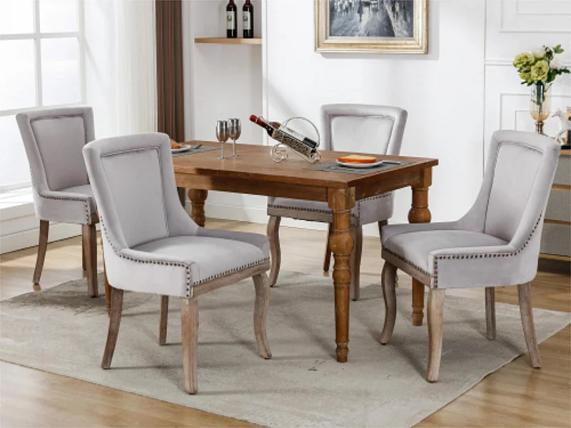 Set van 4 fluwelen stoelen - met massief houten poten - grijs