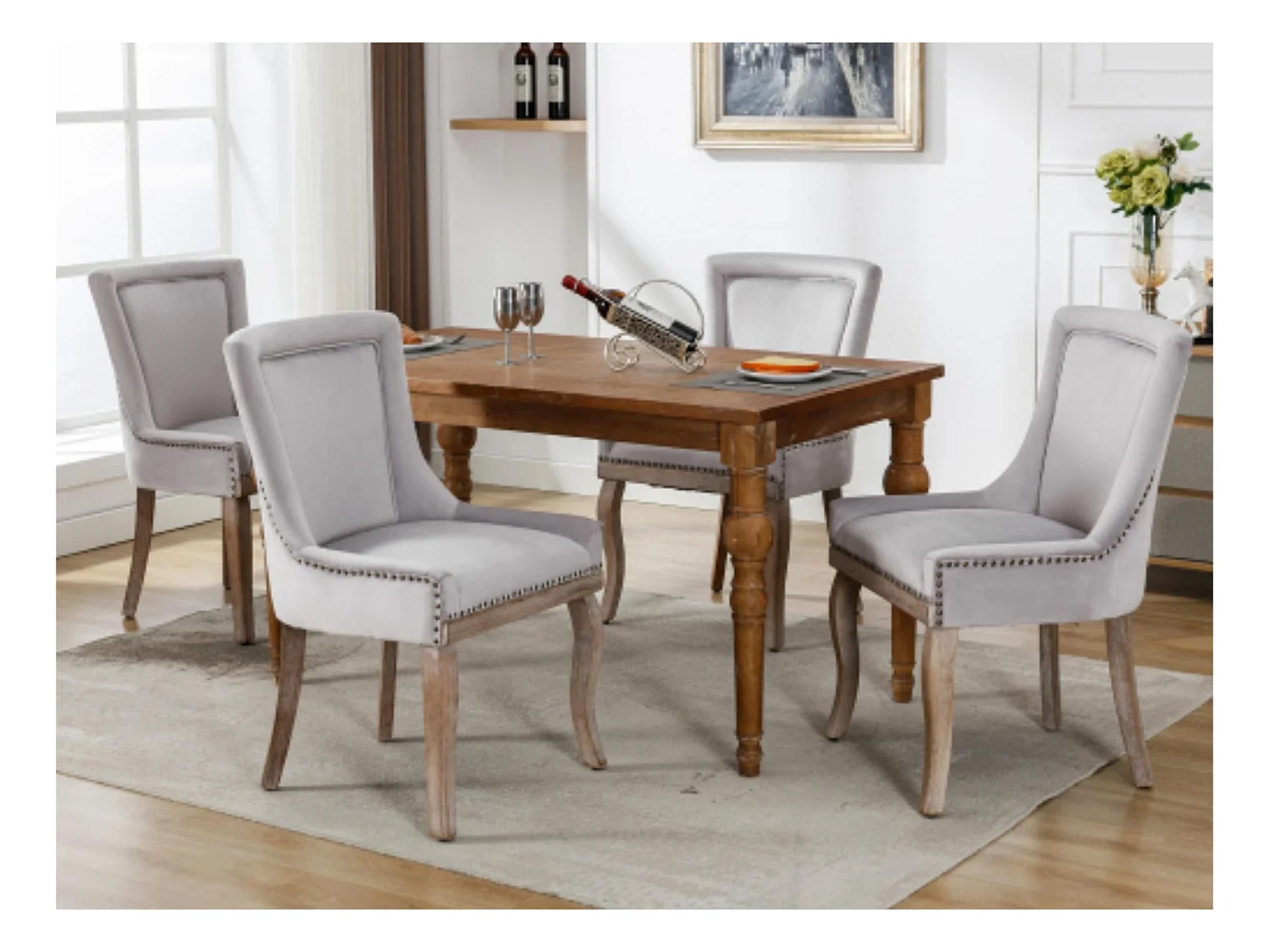 Lot de 4 chaises en velours - avec pieds en bois massif - gris