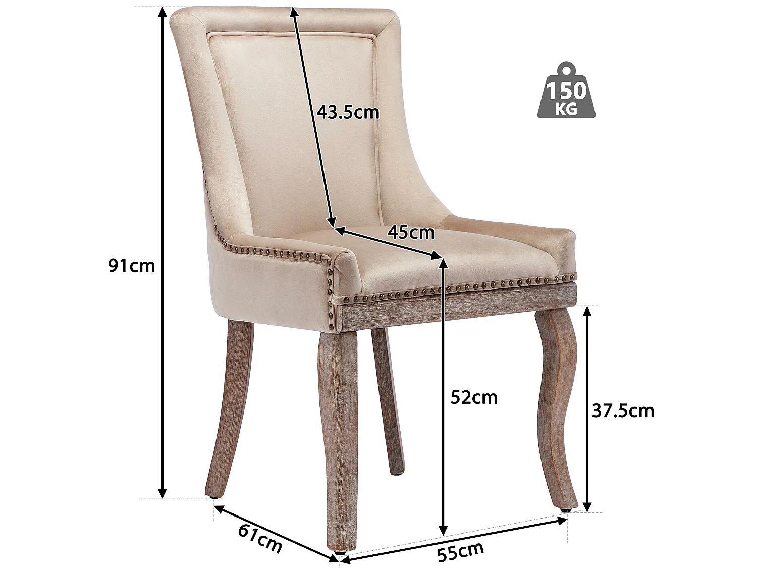 Lot de 4 chaises en velours - avec pieds en bois massif - beige