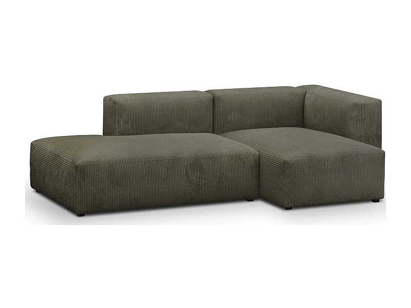 Canapé d'angle à droite modulable avec méridienne 3/4 places en velours côtelé vert kaki - Modulo