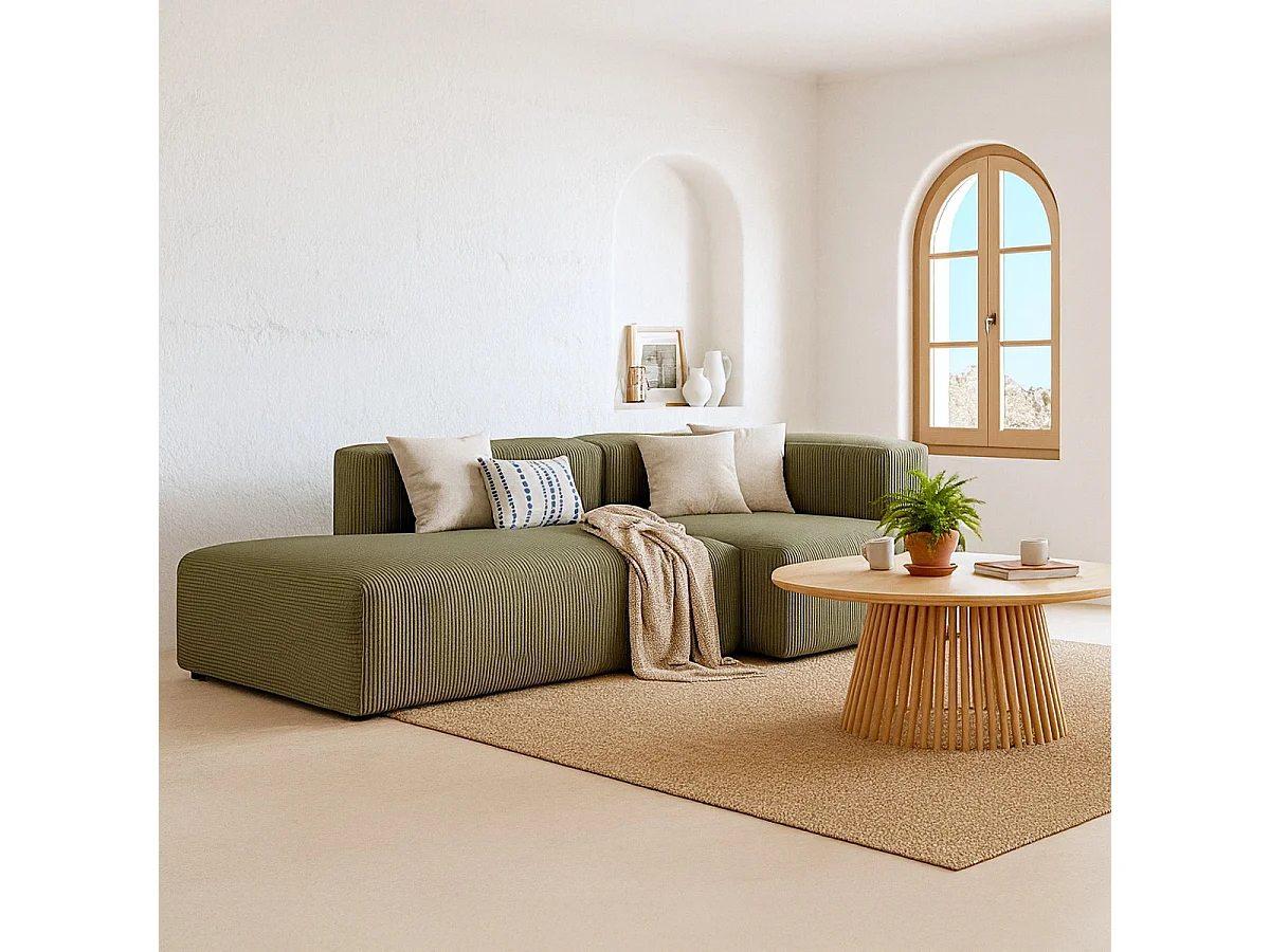Canapé d'angle à droite modulable avec méridienne 3/4 places en velours côtelé vert kaki - Modulo