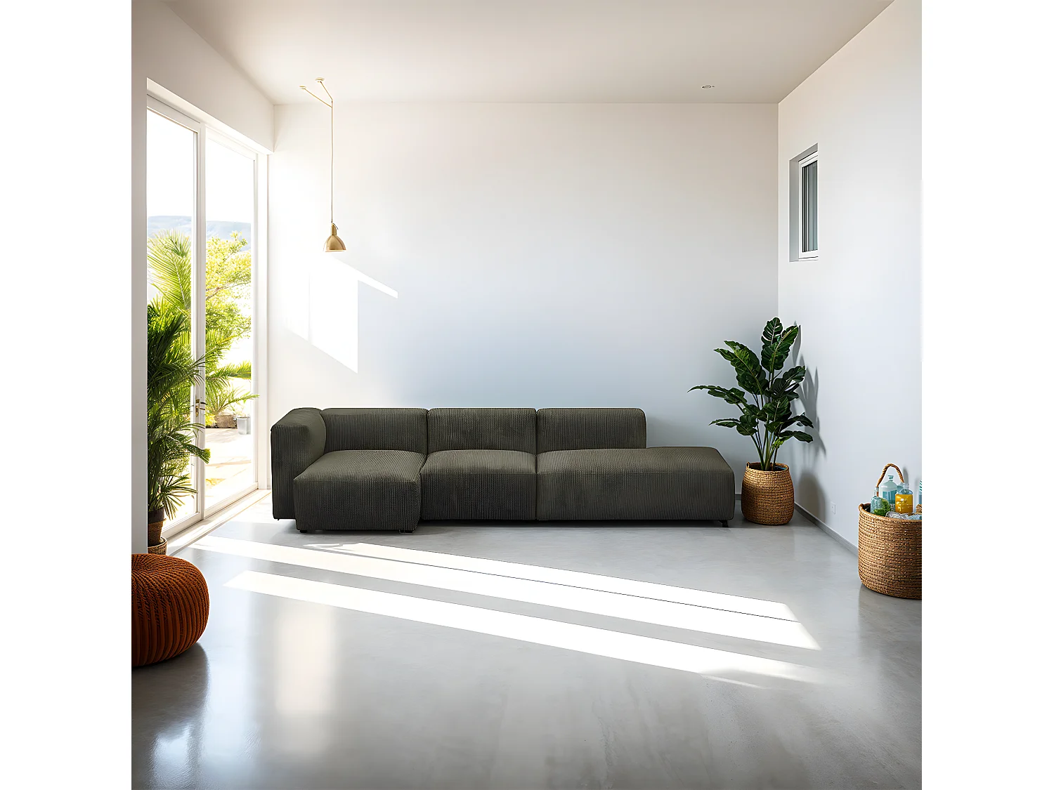 Canapé d'angle à gauche modulable avec méridienne 5 places en velours côtelé vert kaki - Modulo