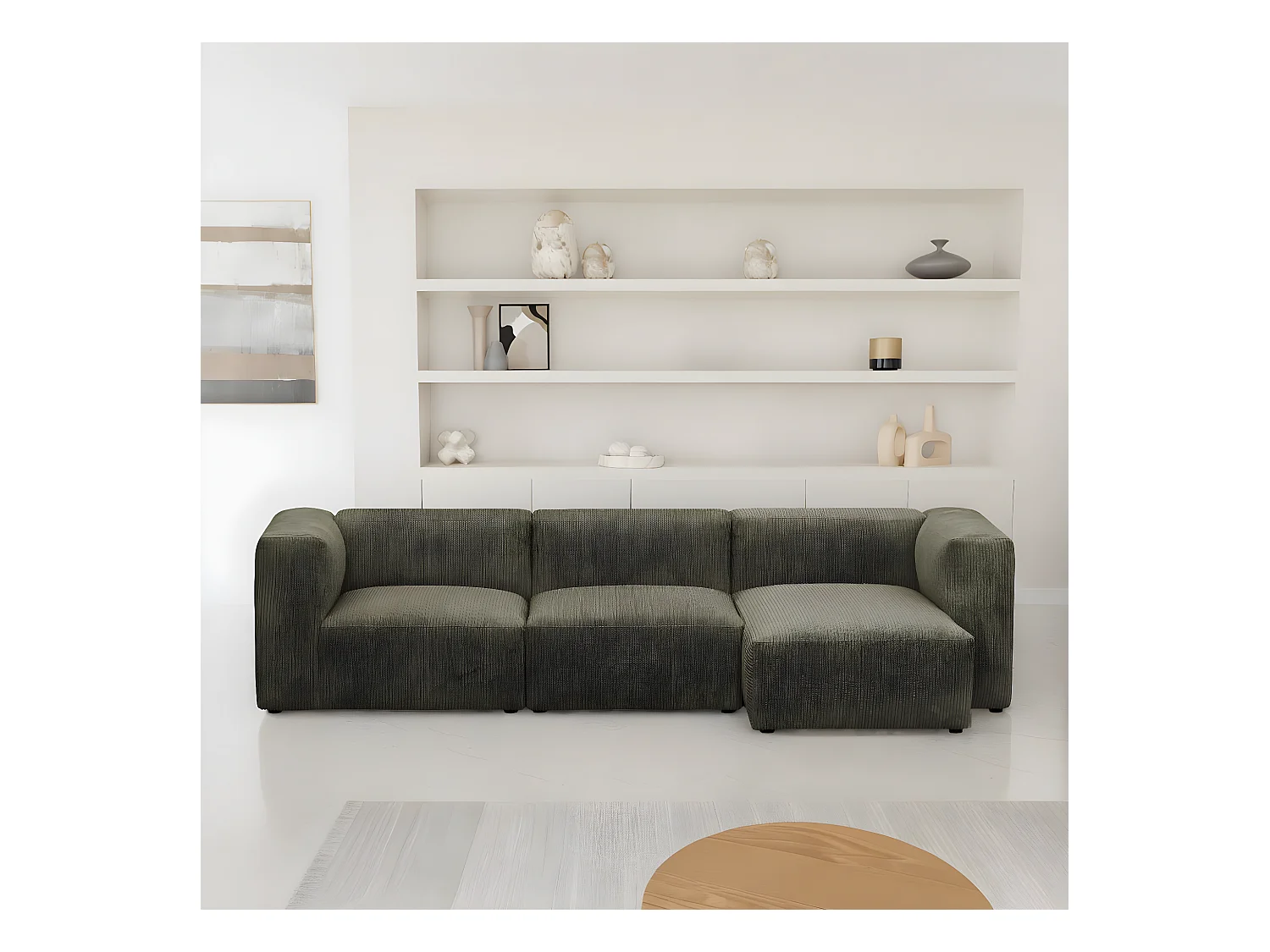 Canapé d'angle à droite modulable avec méridienne 4 places en velours côtelé vert kaki - Modulo