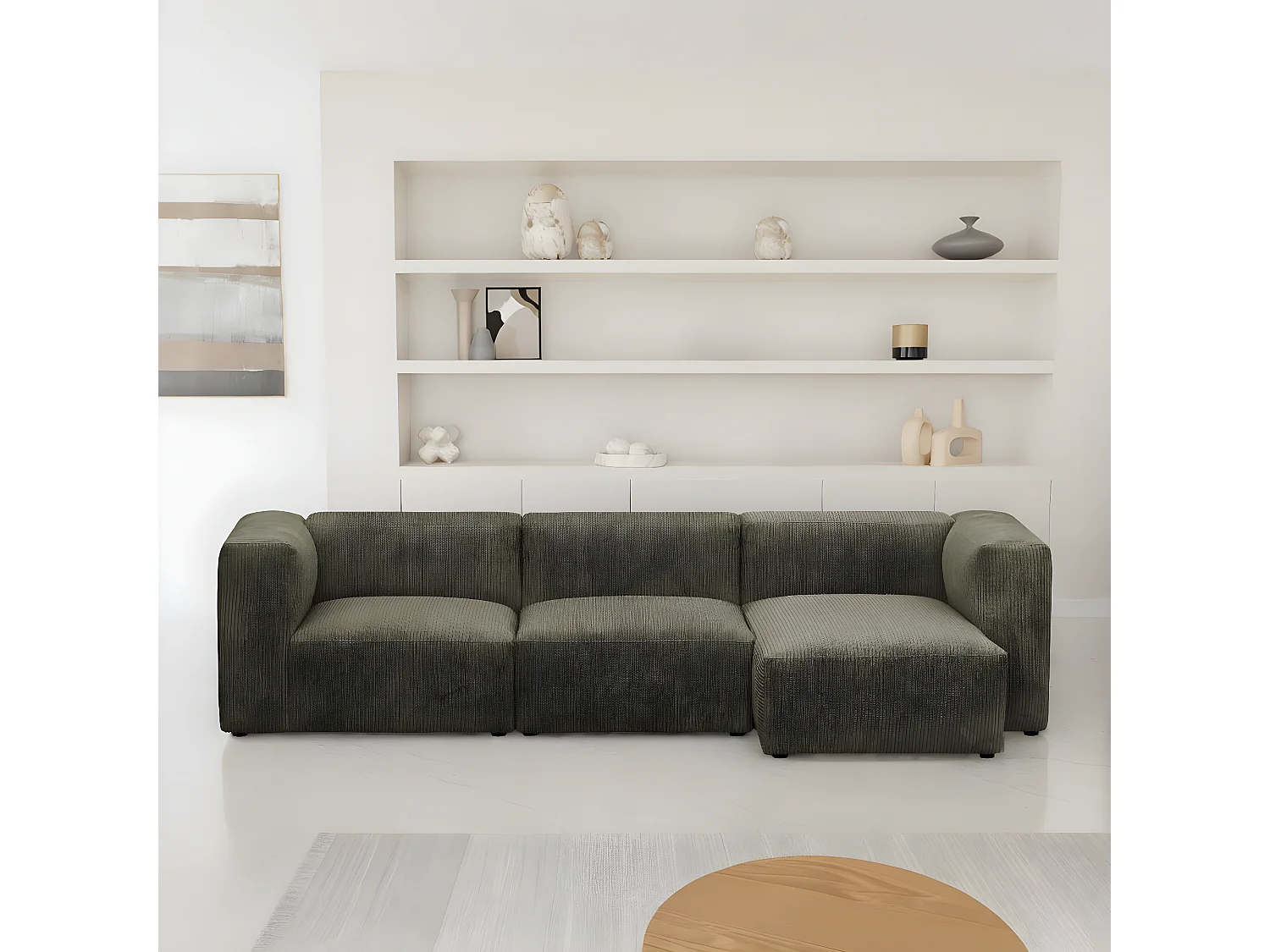 Canapé d'angle à droite modulable avec méridienne 4 places en velours côtelé vert kaki - Modulo