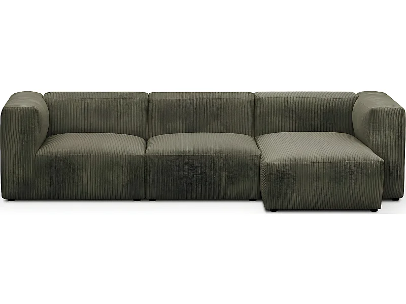 Canapé d'angle à droite modulable avec méridienne 4 places en velours côtelé vert kaki - Modulo