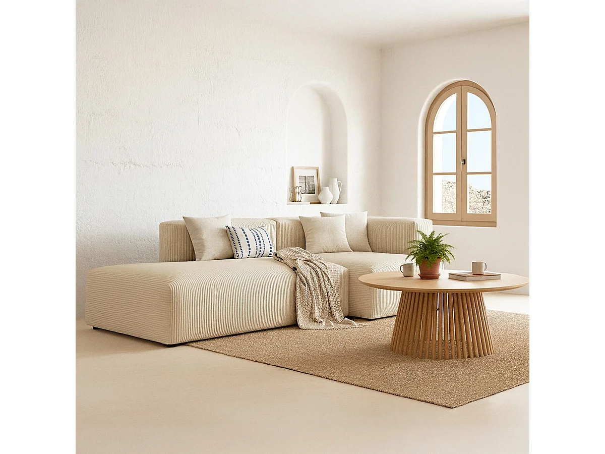 Canapé d'angle à droite modulable avec méridienne 3/4 places en velours côtelé beige - Modulo