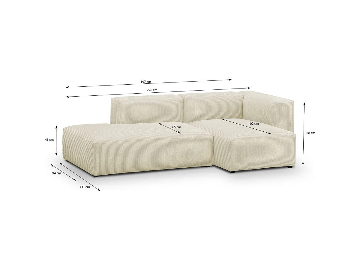 Canapé d'angle à droite modulable avec méridienne 3/4 places en velours côtelé beige - Modulo
