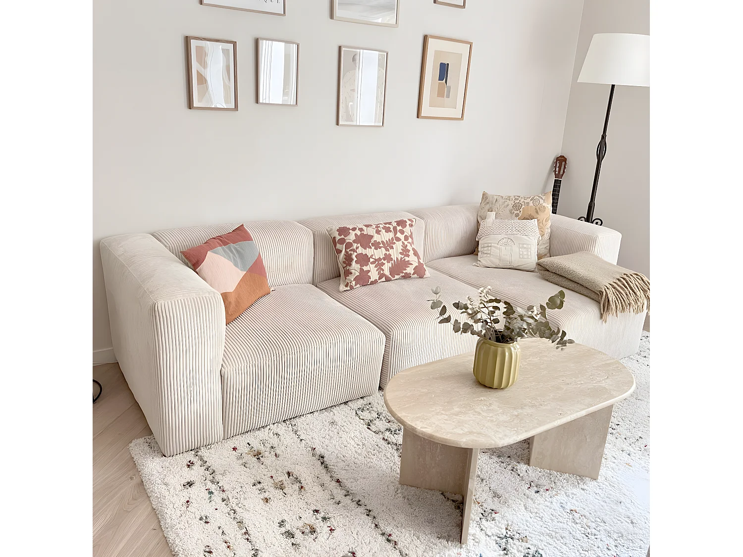 Canapé d'angle à droite modulable avec méridienne 4 places en velours côtelé beige - Modulo