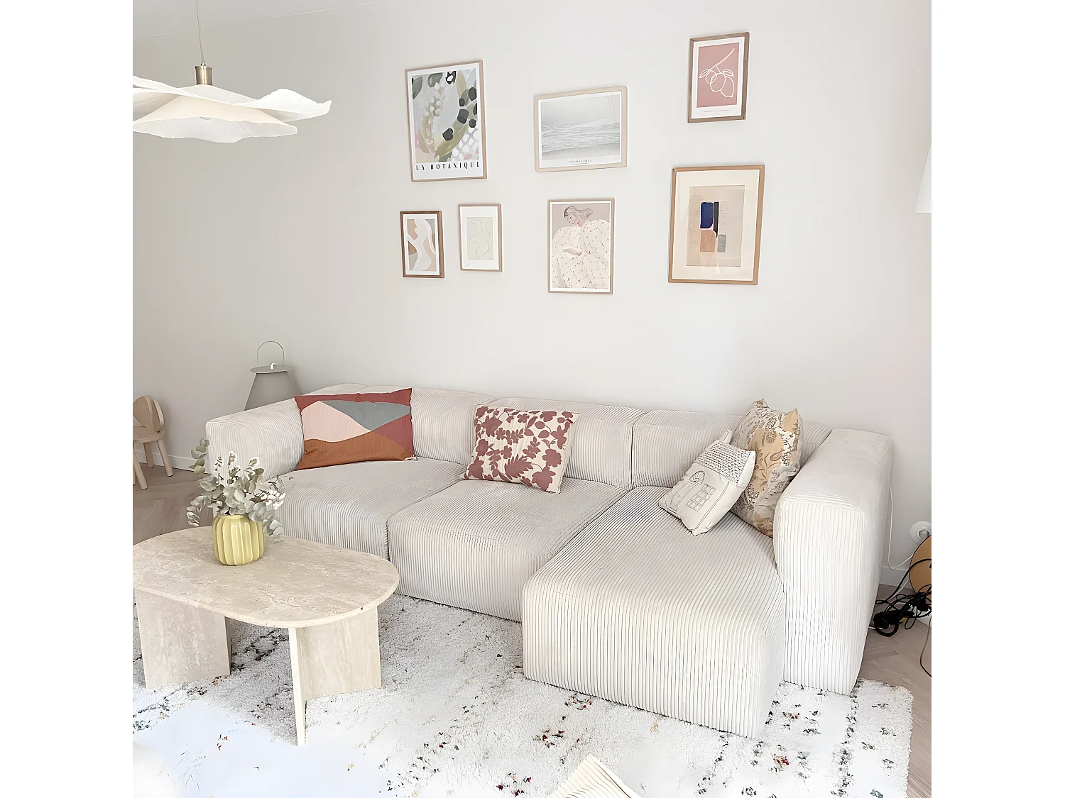 Canapé d'angle à droite modulable avec méridienne 4 places en velours côtelé beige - Modulo