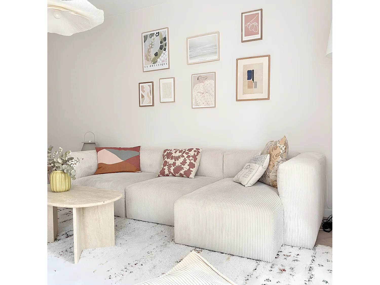 Canapé d'angle à droite modulable avec méridienne 4 places en velours côtelé beige - Modulo