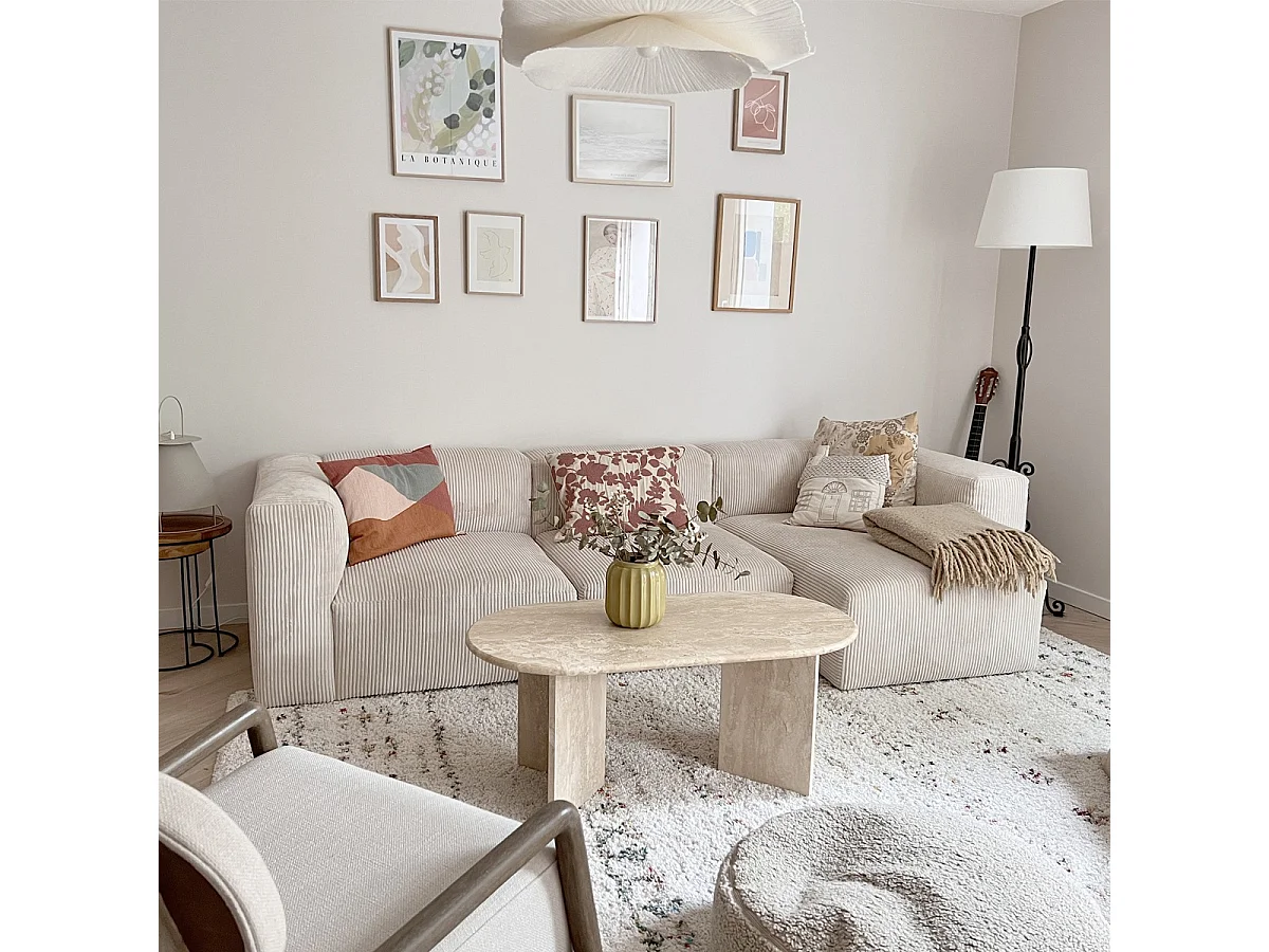 Canapé d'angle à droite modulable avec méridienne 4 places en velours côtelé beige - Modulo