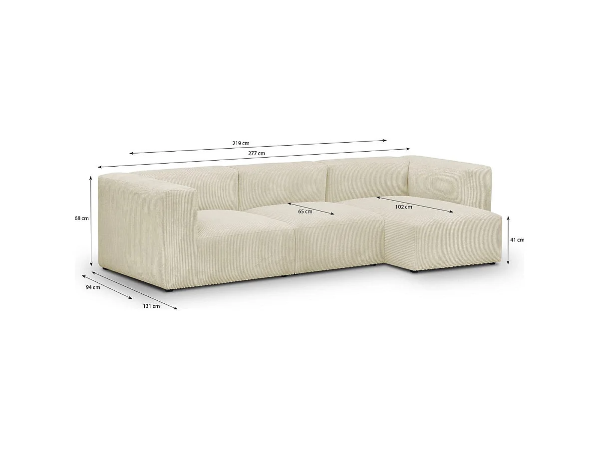 Canapé d'angle à droite modulable avec méridienne 4 places en velours côtelé beige - Modulo