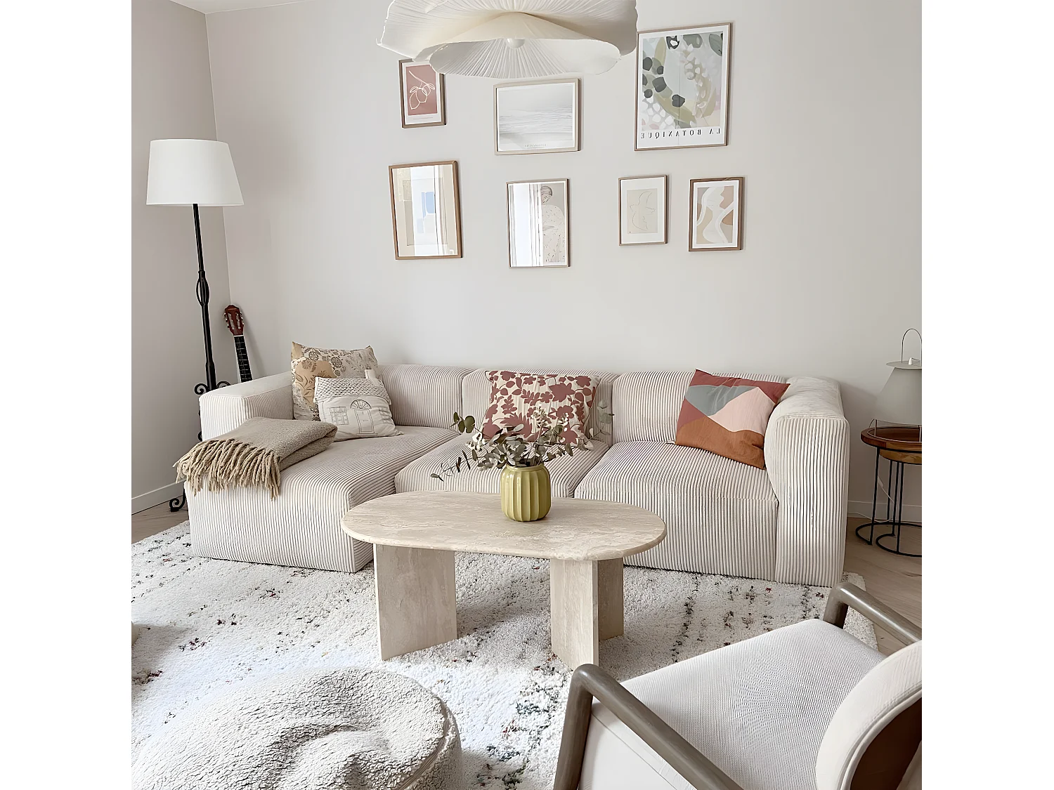 Canapé d'angle à gauche modulable avec méridienne 4 places en velours côtelé beige - Modulo