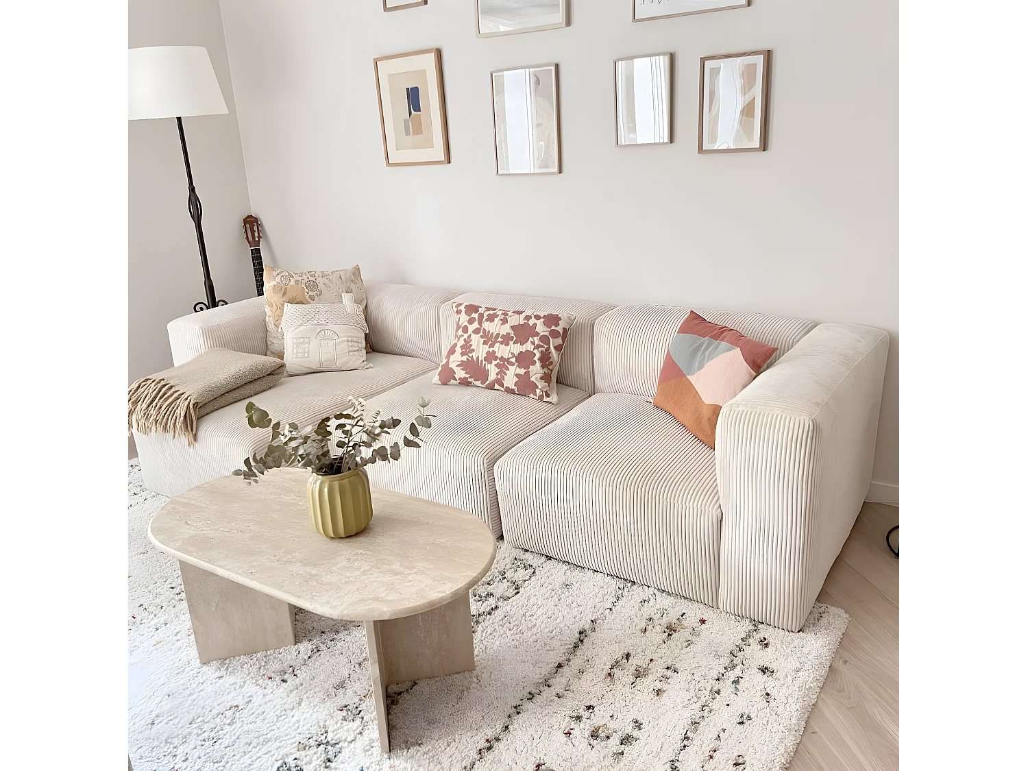 Canapé d'angle à gauche modulable avec méridienne 4 places en velours côtelé beige - Modulo