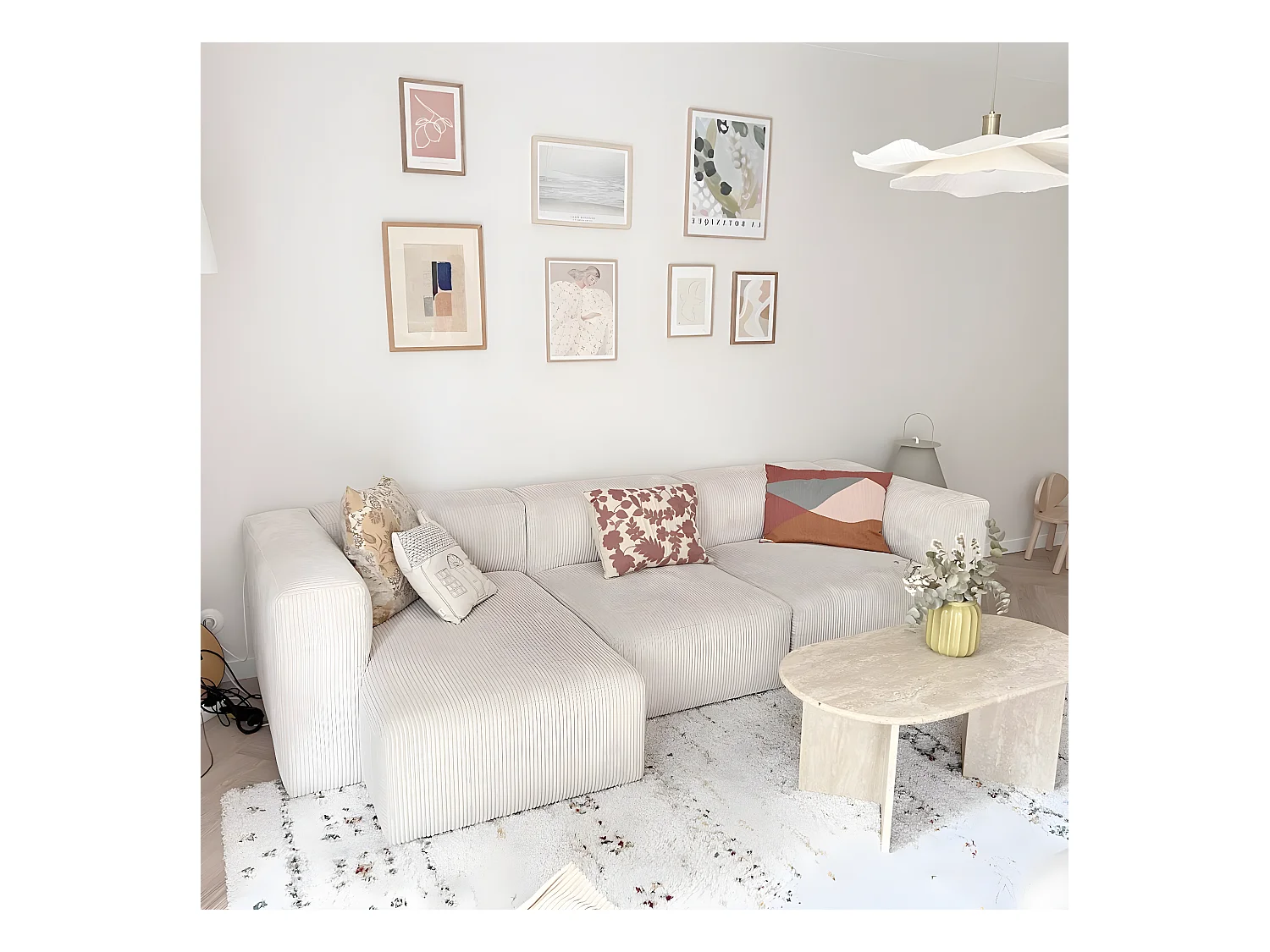 Canapé d'angle à gauche modulable avec méridienne 4 places en velours côtelé beige - Modulo