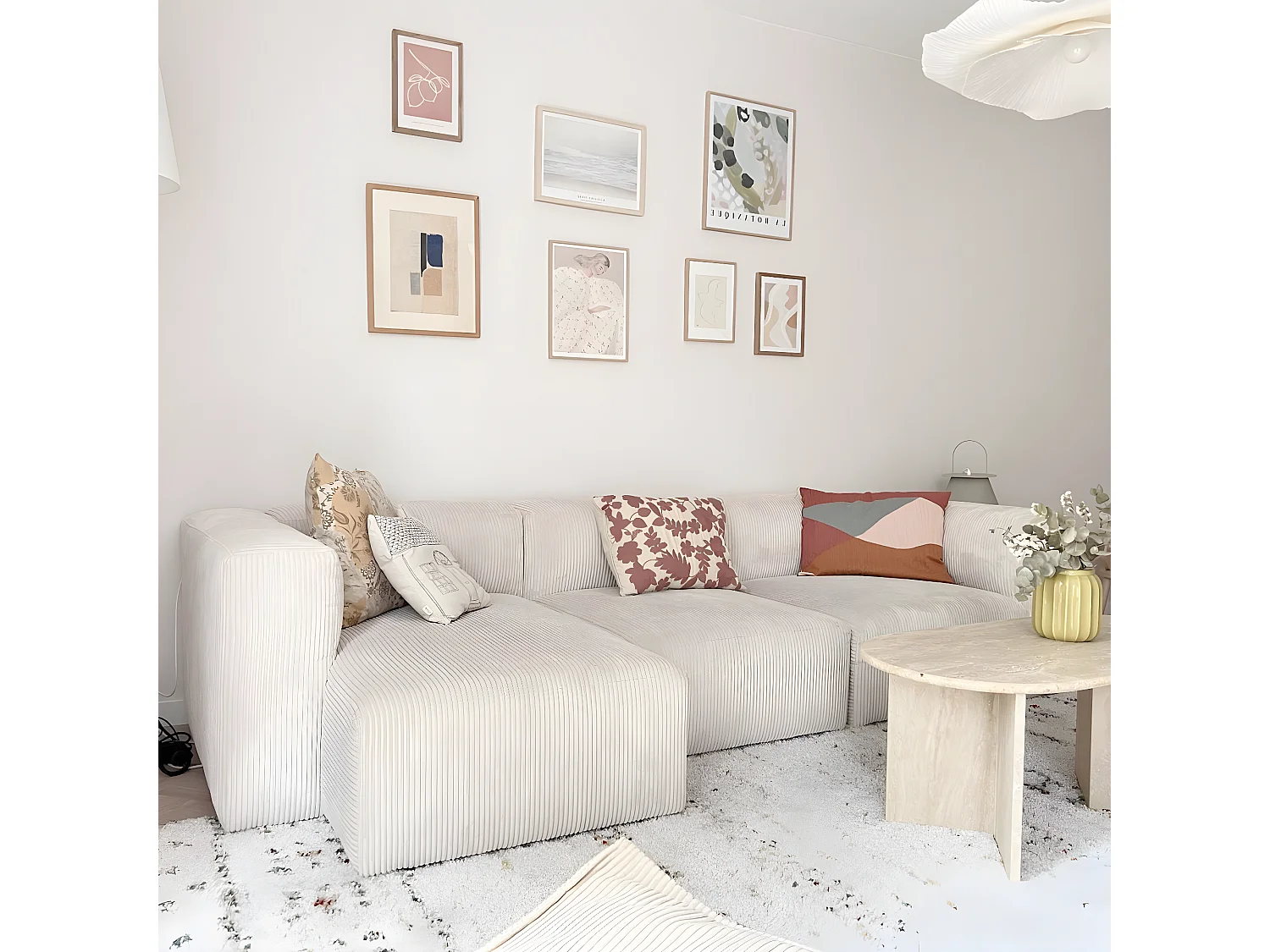 Canapé d'angle à gauche modulable avec méridienne 4 places en velours côtelé beige - Modulo