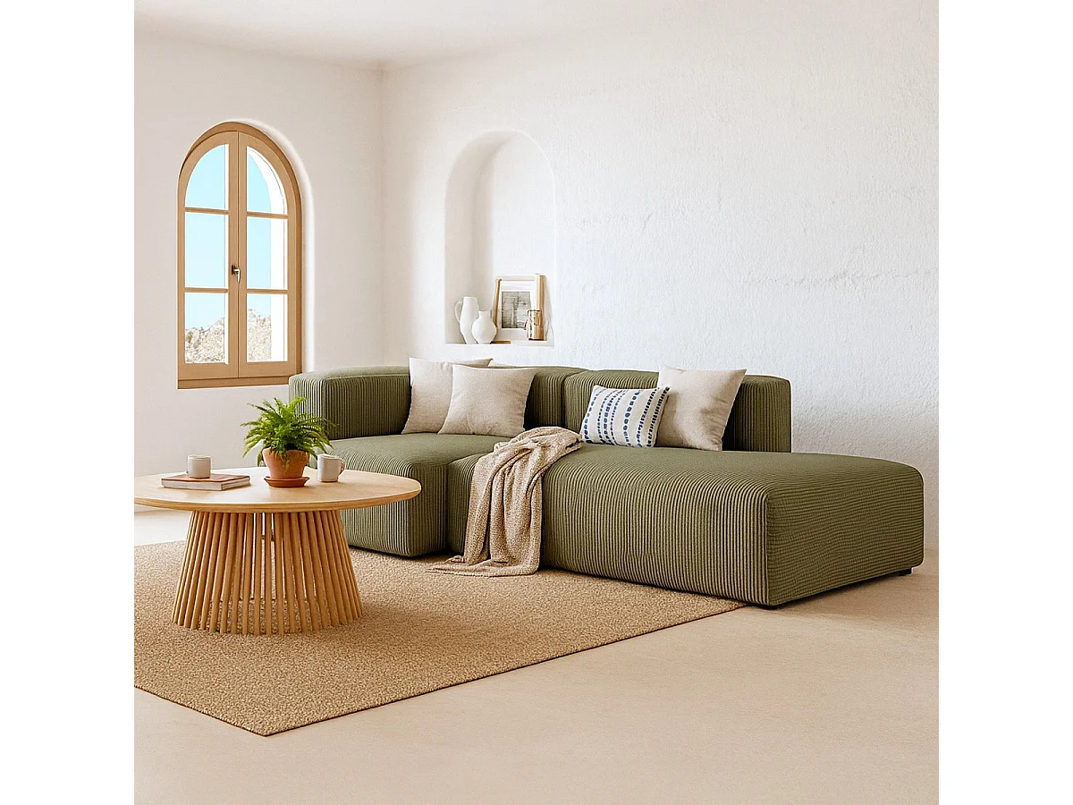 Canapé d'angle à gauche modulable avec méridienne 3/4 places en velours côtelé vert kaki - Modulo