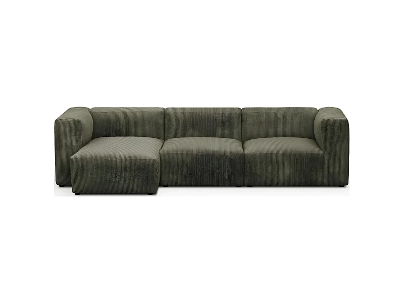 Canapé d'angle à gauche modulable avec méridienne 4 places en velours côtelé vert kaki - Modulo