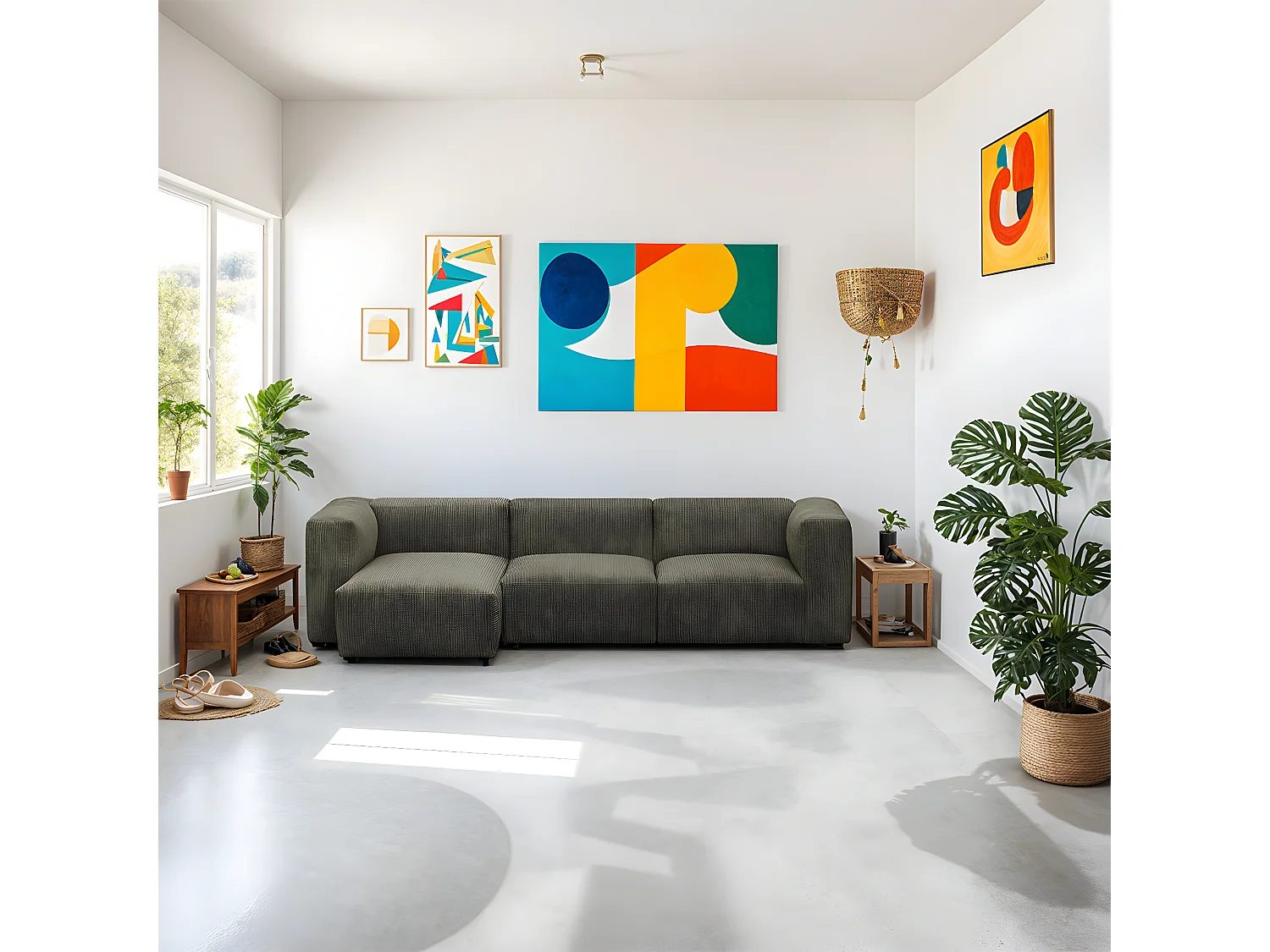 Canapé d'angle à gauche modulable avec méridienne 4 places en velours côtelé vert kaki - Modulo