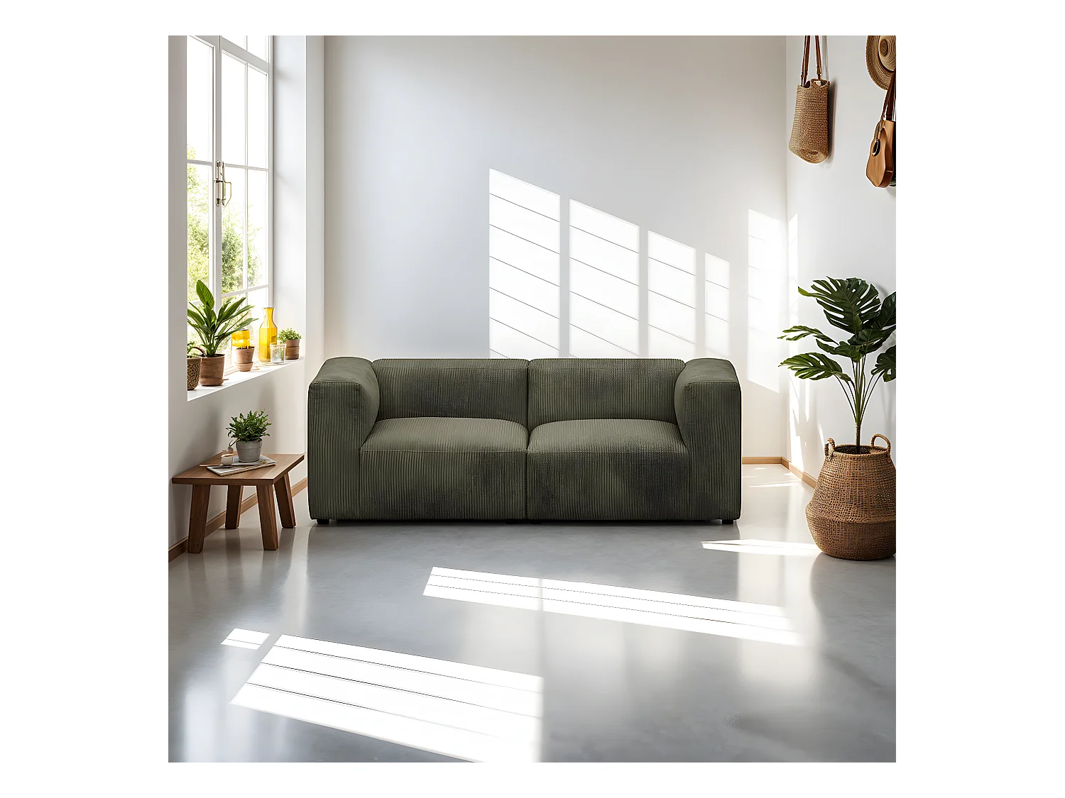 Canapé modulable 3 places en velours côtelé vert kaki - Modulo