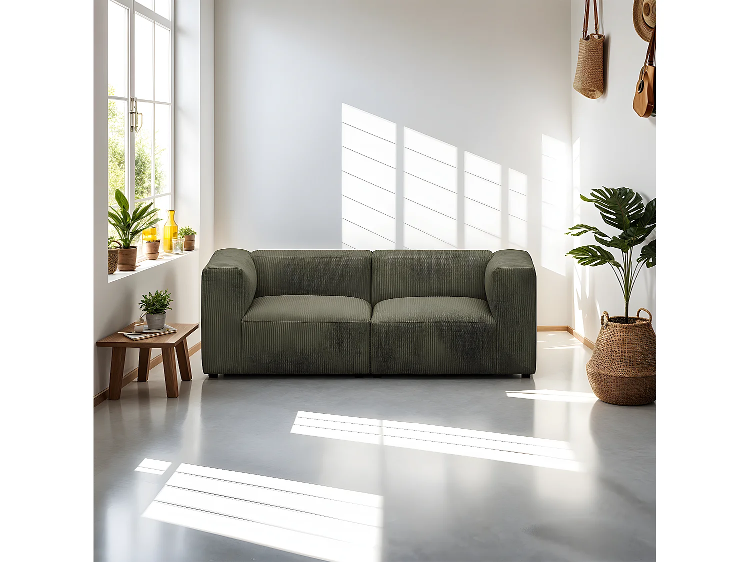 Canapé modulable 3 places en velours côtelé vert kaki - Modulo