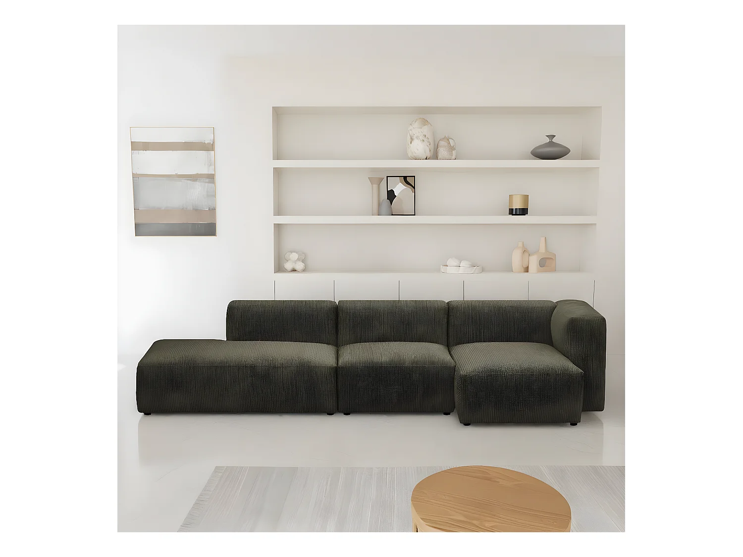 Canapé d'angle à droite modulable avec méridienne 5 places en velours côtelé vert kaki - Modulo