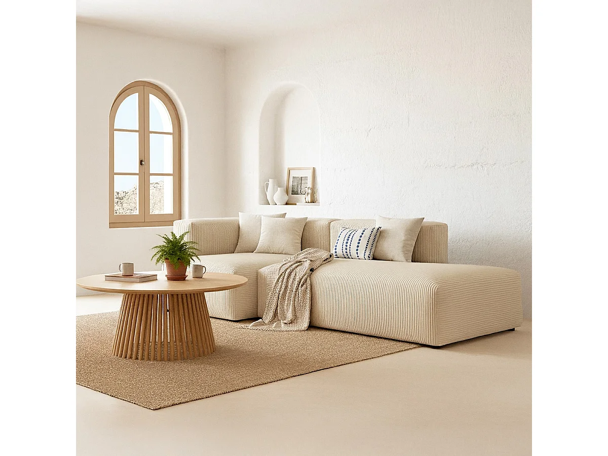 Canapé d'angle à gauche modulable avec méridienne 3/4 places en velours côtelé beige - Modulo