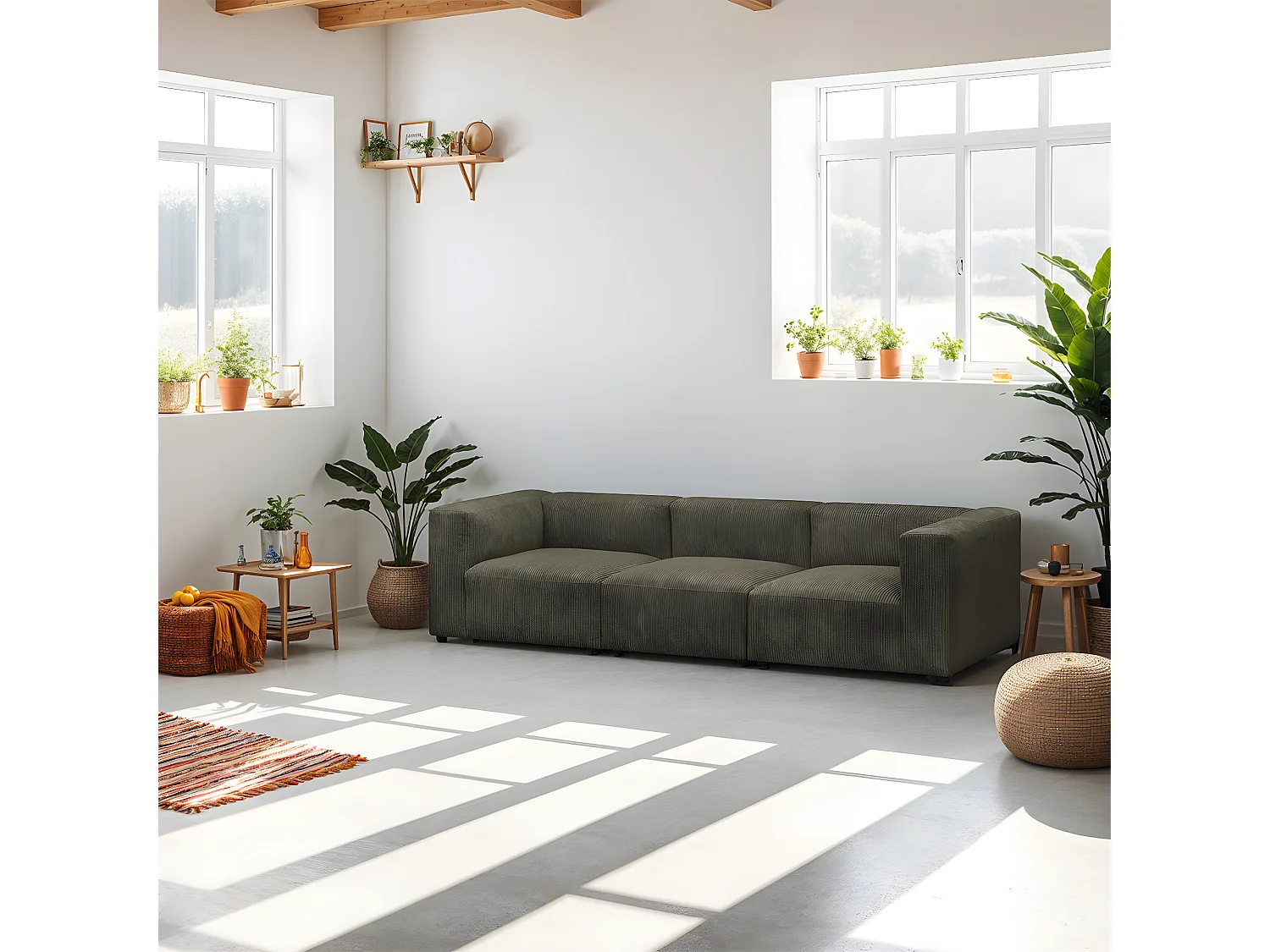 Canapé modulable 4 places en velours côtelé vert kaki - Modulo