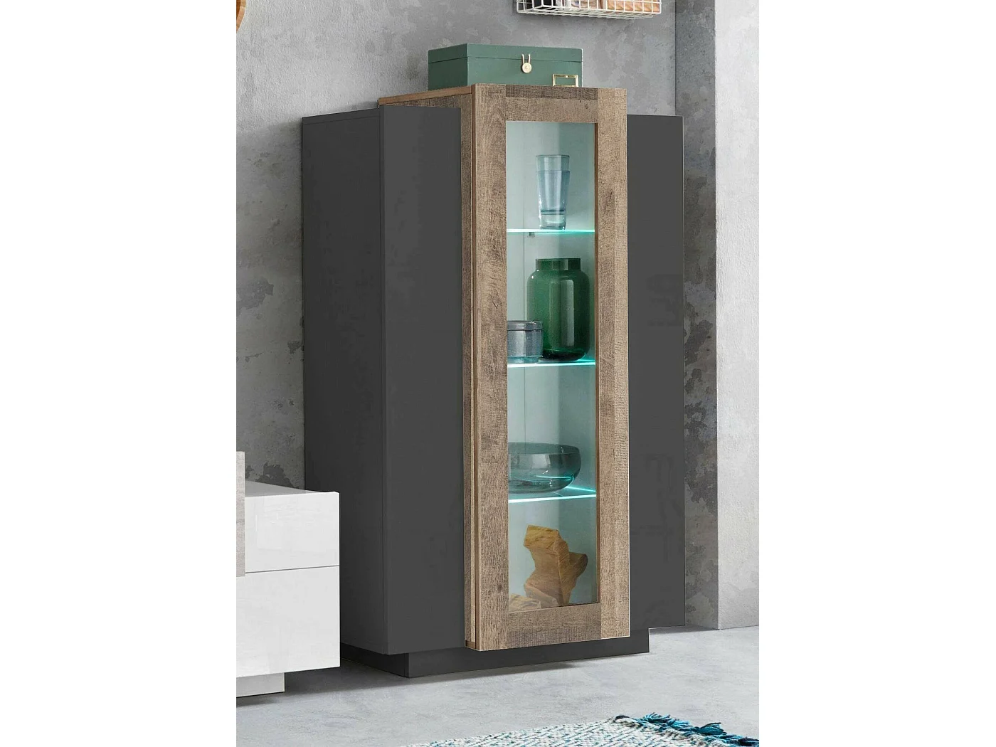 Vitrine Kevin, Buffet à trois portes, Meuble de salon polyvalent, 100% Made in Italy, 80x38h121 cm, Anthracite et Érable