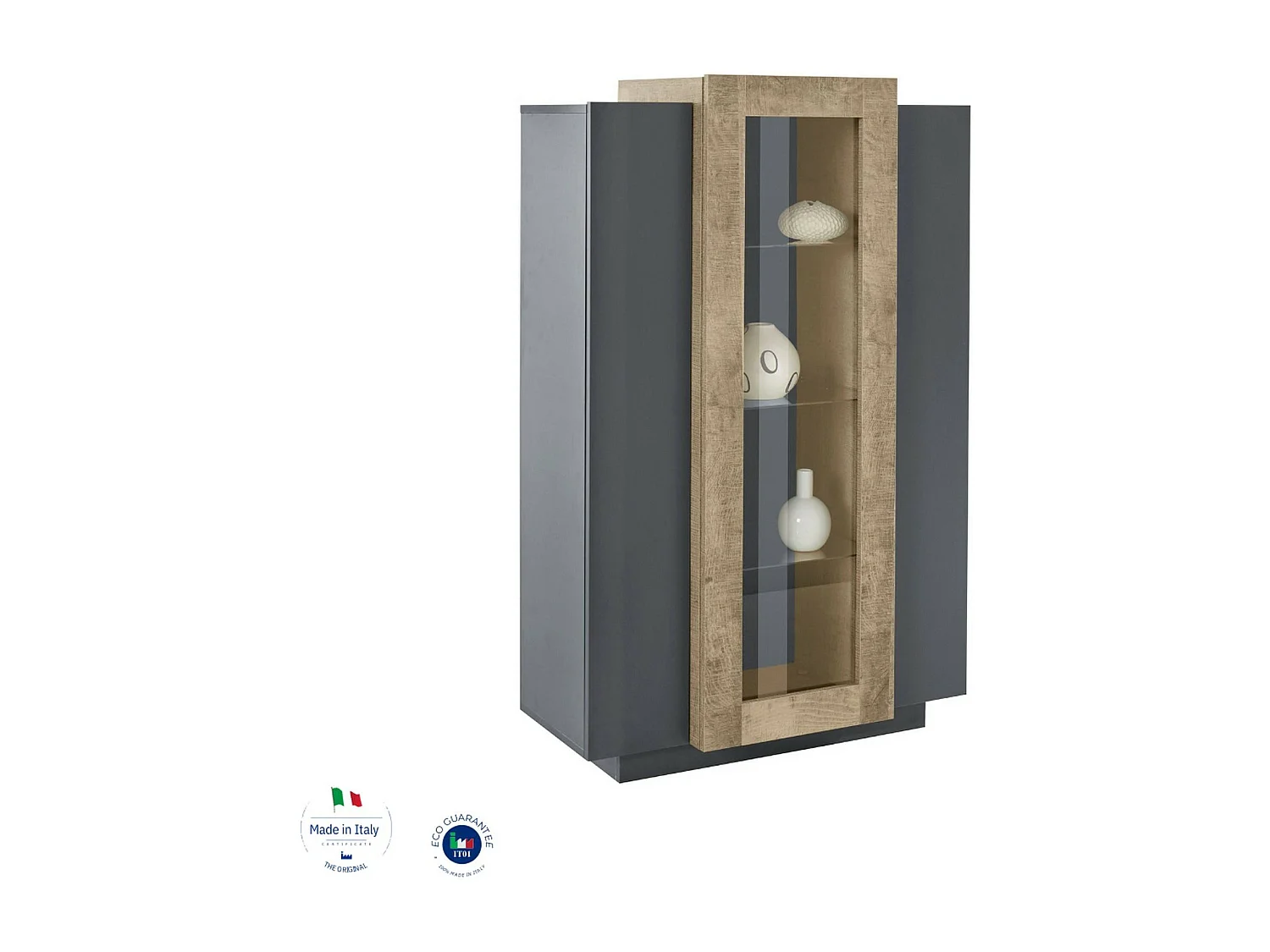 Vitrine Kevin, Buffet à trois portes, Meuble de salon polyvalent, 100% Made in Italy, 80x38h121 cm, Anthracite et Érable