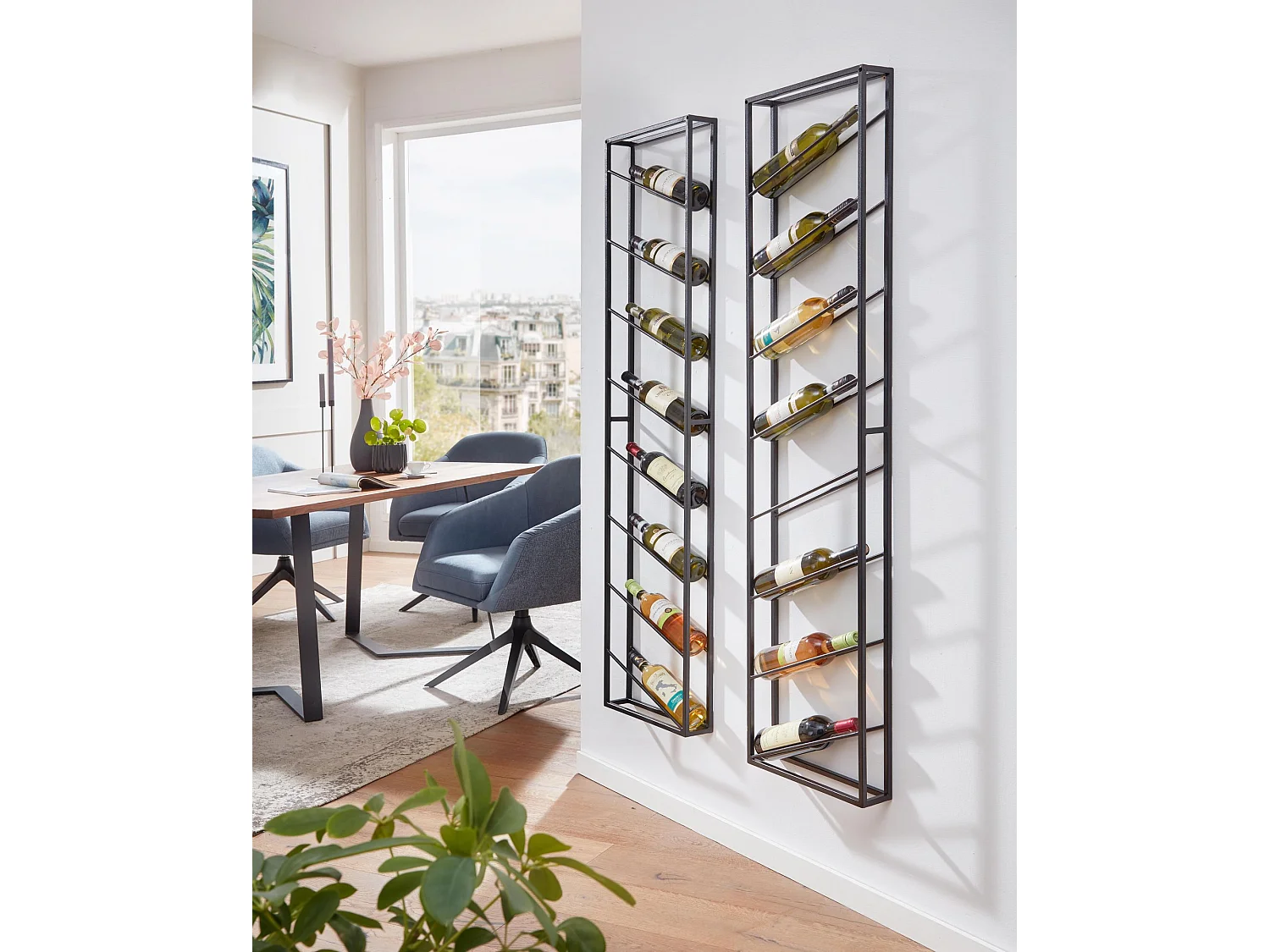 Casier à Vin Mural Métal Noir 36x150x8cm Étagère Porte-bouteilles Étroit