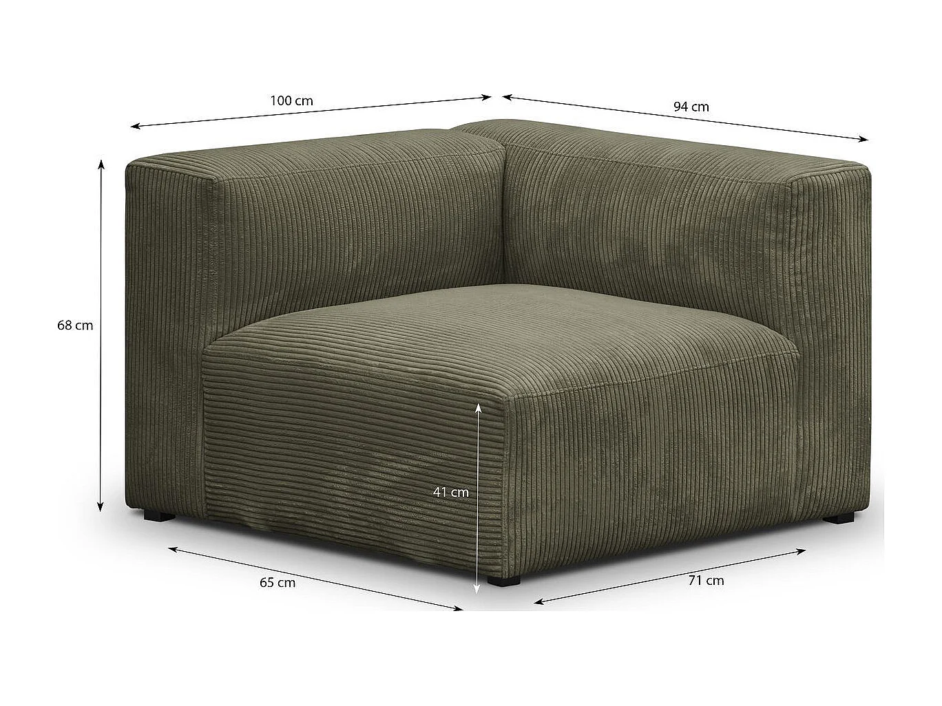 Chauffeuse d'angle à droite modulable en velours côtelé vert kaki - Modulo