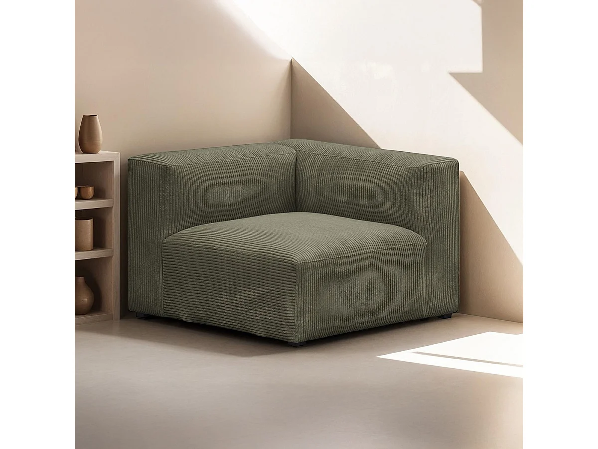 Chauffeuse d'angle à droite modulable en velours côtelé vert kaki - Modulo