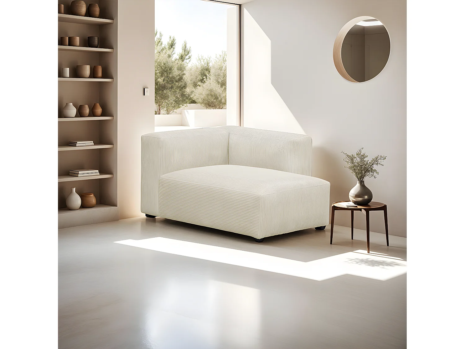 Méridienne d'angle à droite modulable en velours côtelé beige - Modulo