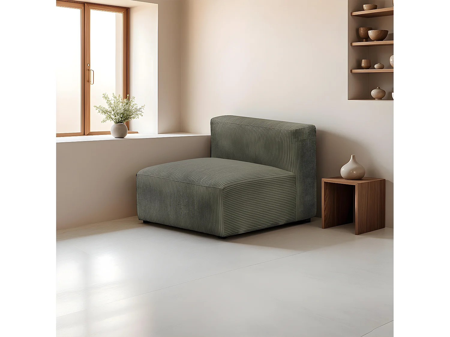 Chauffeuse sans accoudoirs modulable en velours côtelé vert kaki - Modulo