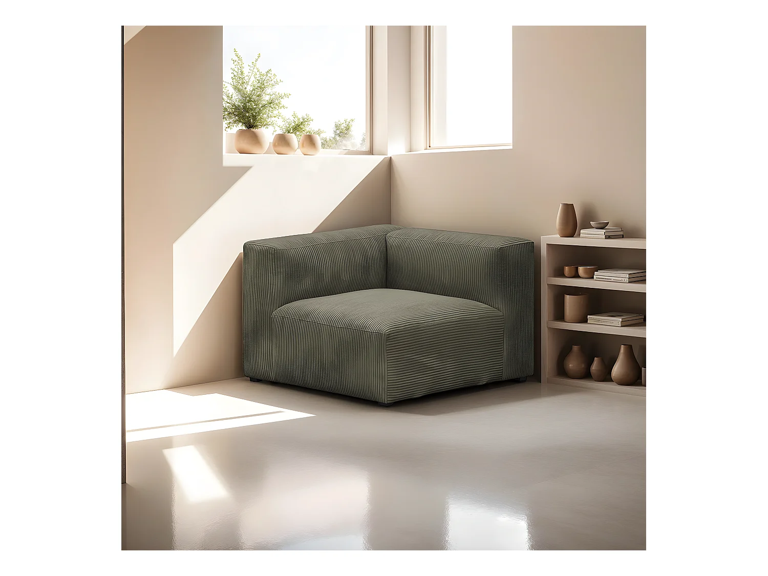 Chauffeuse d'angle à gauche modulable en velours côtelé vert kaki - Modulo