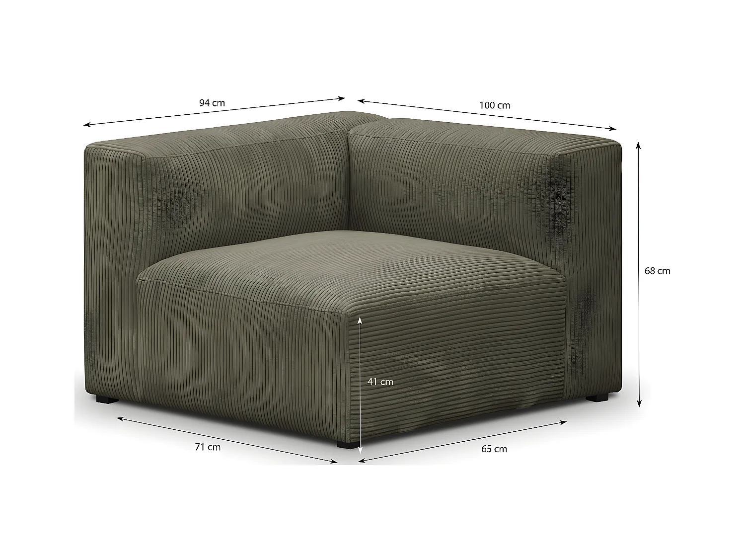 Chauffeuse d'angle à gauche modulable en velours côtelé vert kaki - Modulo