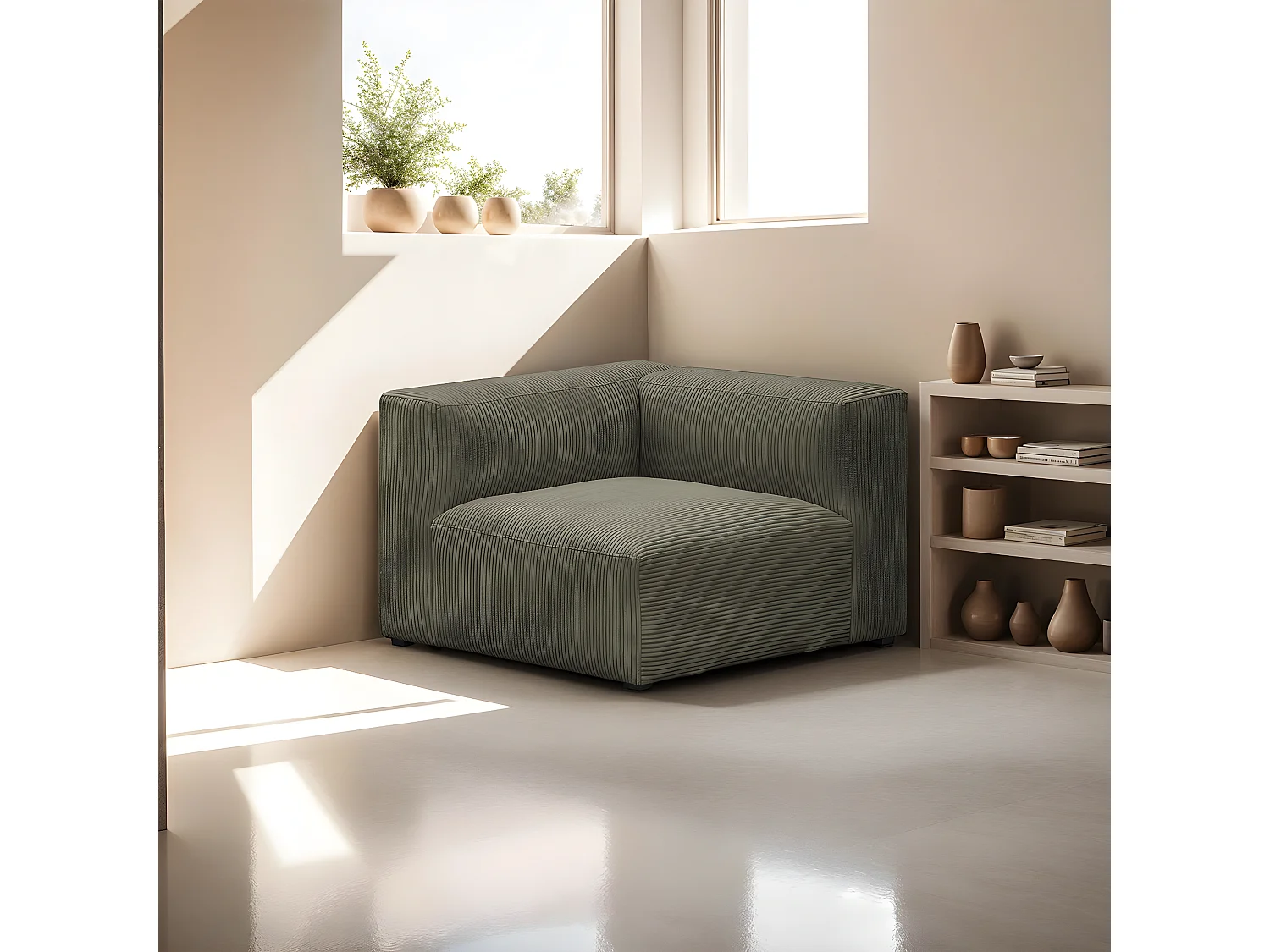 Chauffeuse d'angle à gauche modulable en velours côtelé vert kaki - Modulo