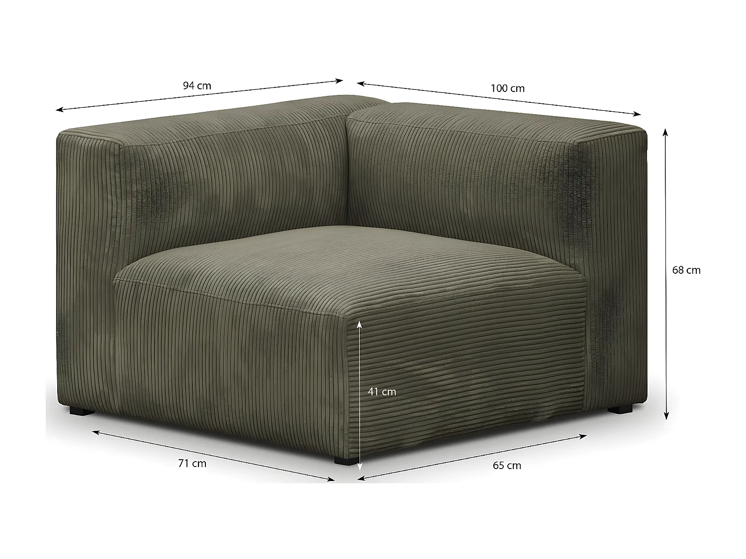 Chauffeuse d'angle à gauche modulable en velours côtelé vert kaki - Modulo