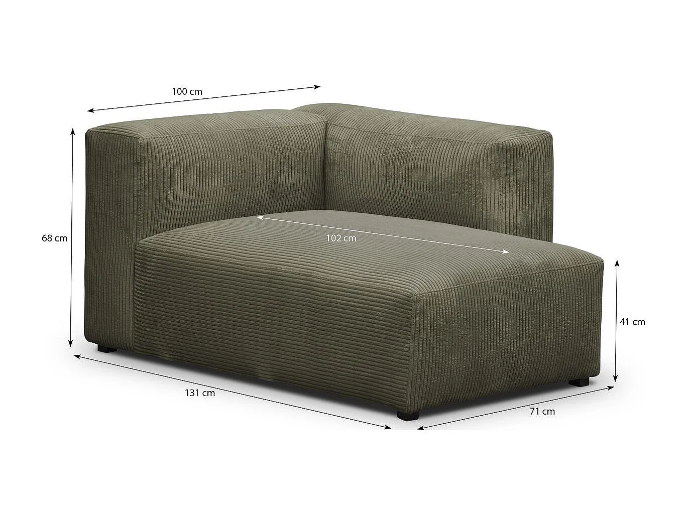 Méridienne d'angle à droite modulable en velours côtelé vert kaki - Modulo