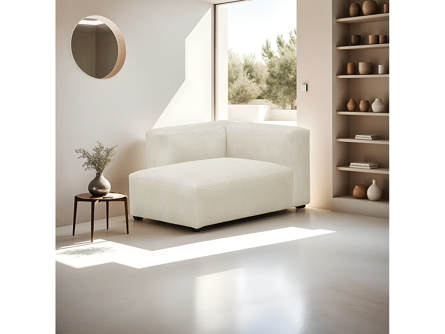 Méridienne d'angle à gauche modulable en velours côtelé beige - Modulo