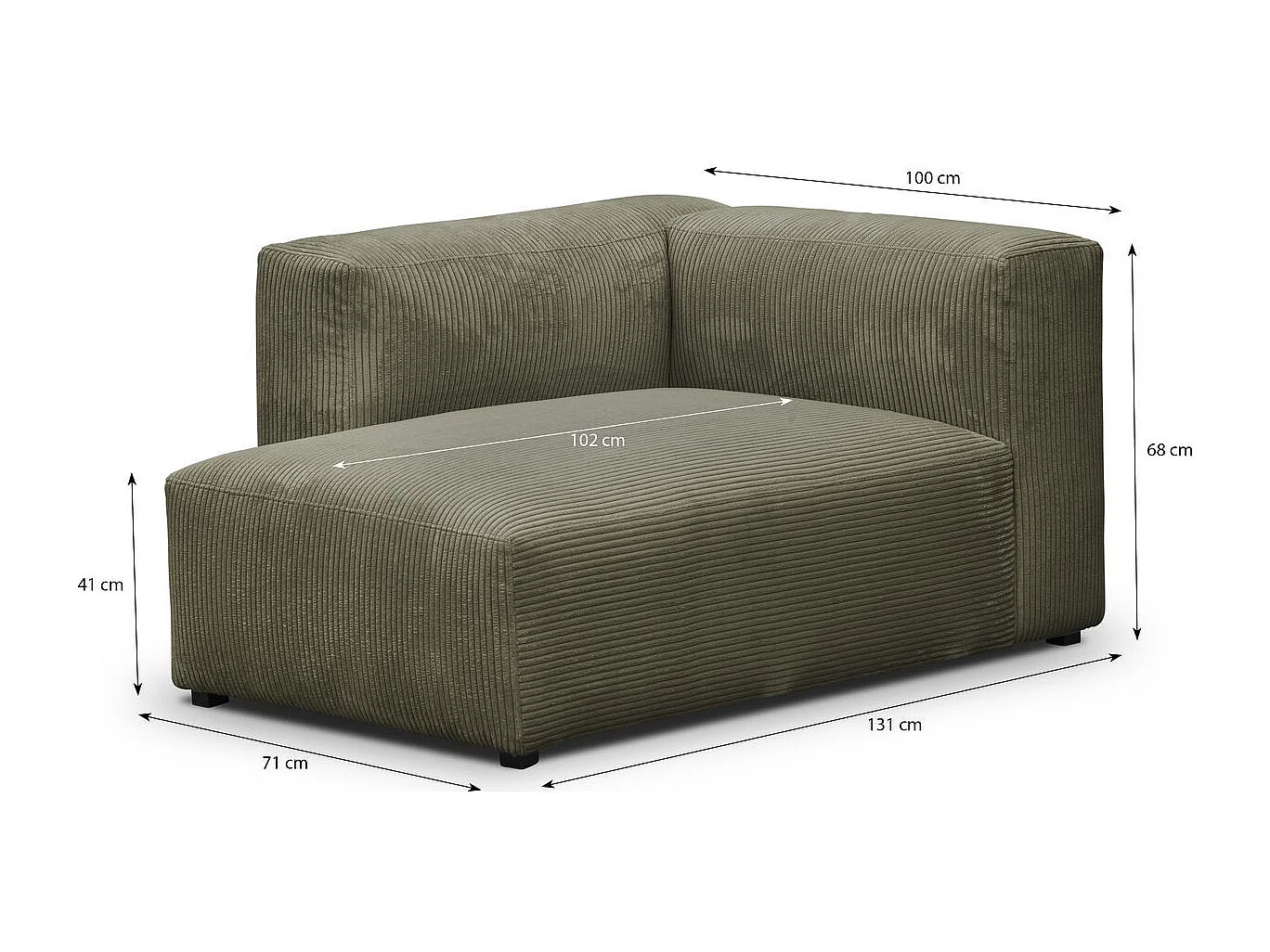 Méridienne d'angle à gauche modulable en velours côtelé vert kaki - Modulo