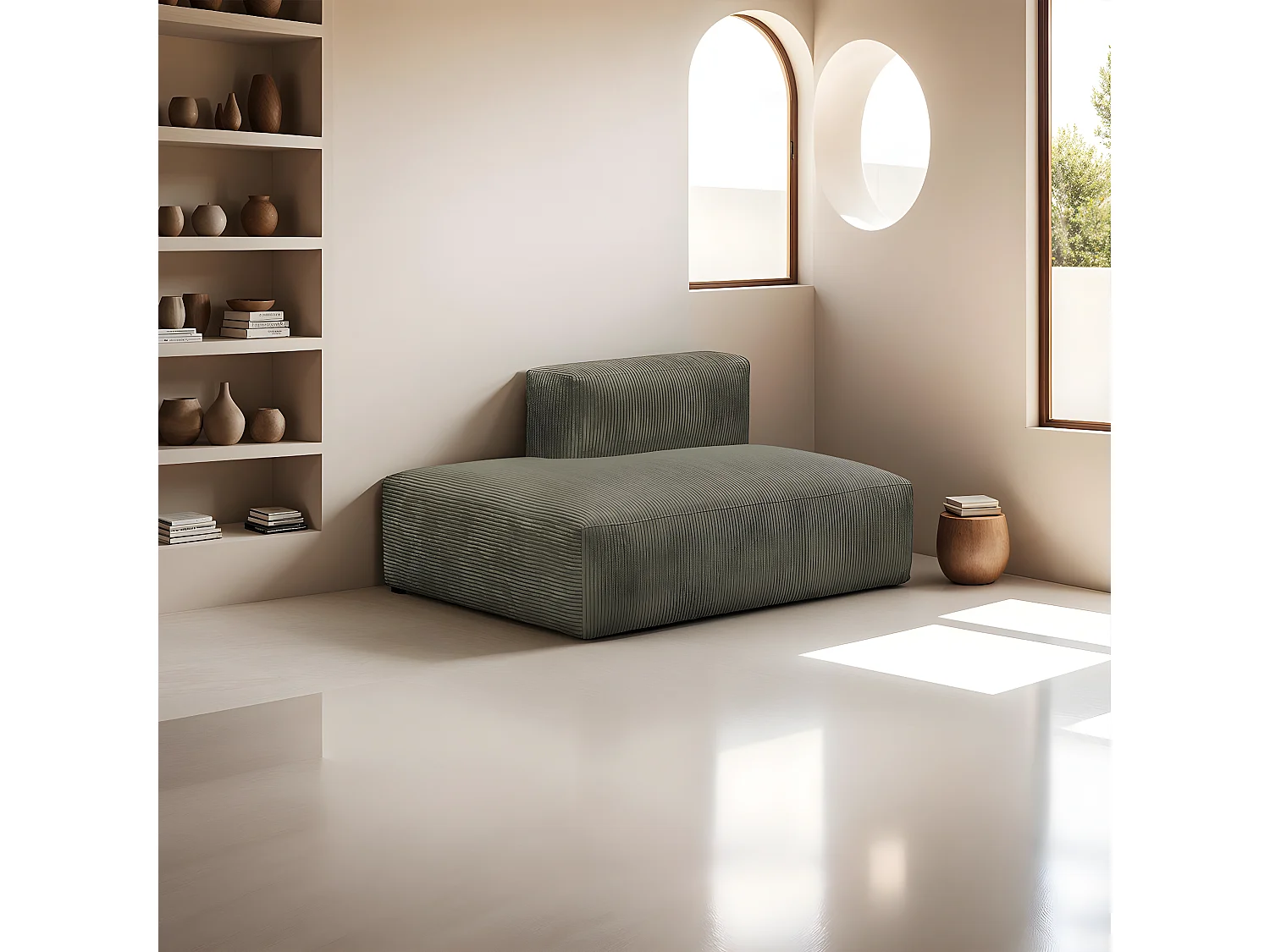 Module d'angle ouvert à gauche 2 places en velours côtelé vert kaki - Modulo